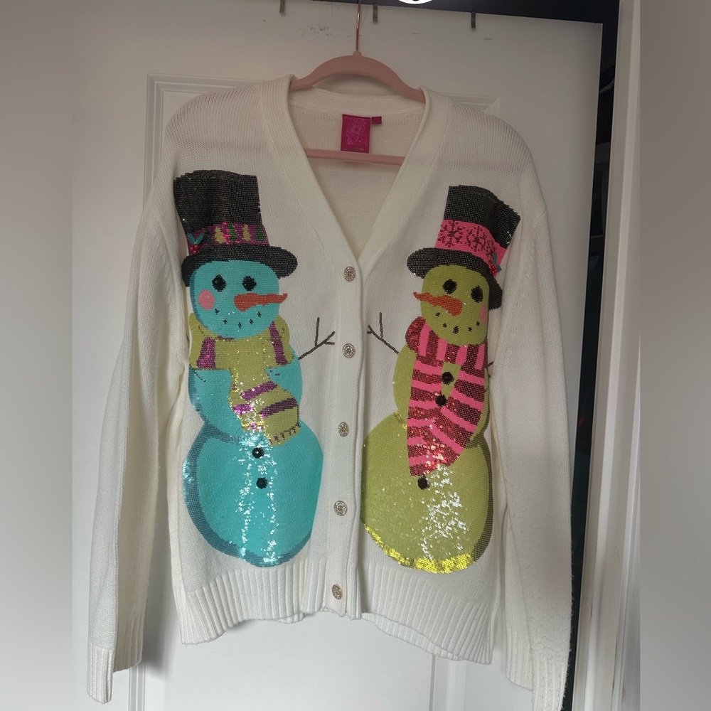 QUEEN OF SPARKLES Snowman Sequin Cardigan in Blue and Yellow

XL EUC Worn once